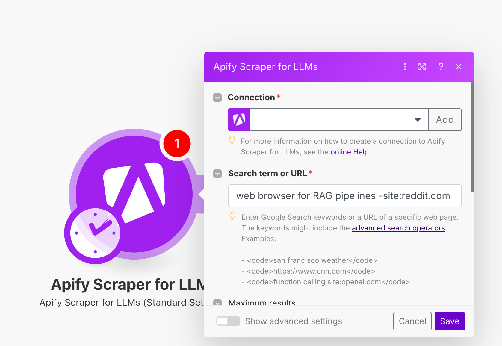 Make connection dialog with completed API token and connection name fields for Apify Scraper module